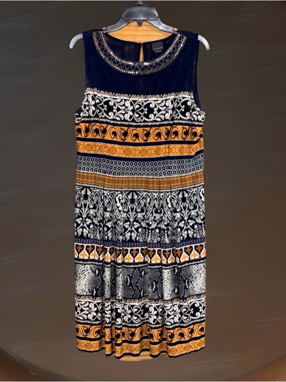 Covington Sleeveless Midi Dress-Navy, Mustard, & White w/Silver Neckline-14-EC